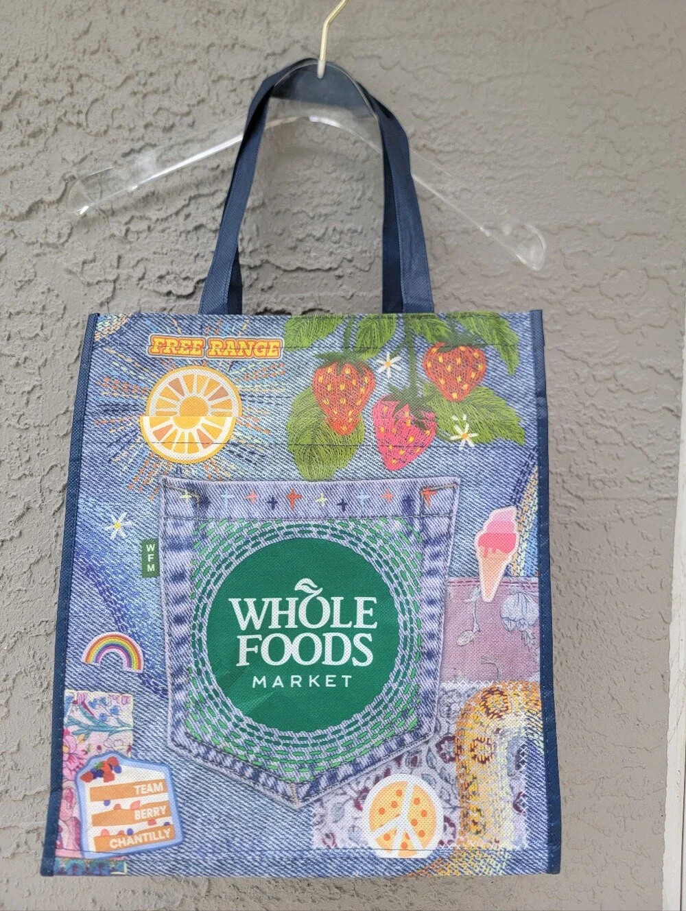 Whole Foods Denim Print Reusable Market Tote Bag Sustainable Grocery Carryall